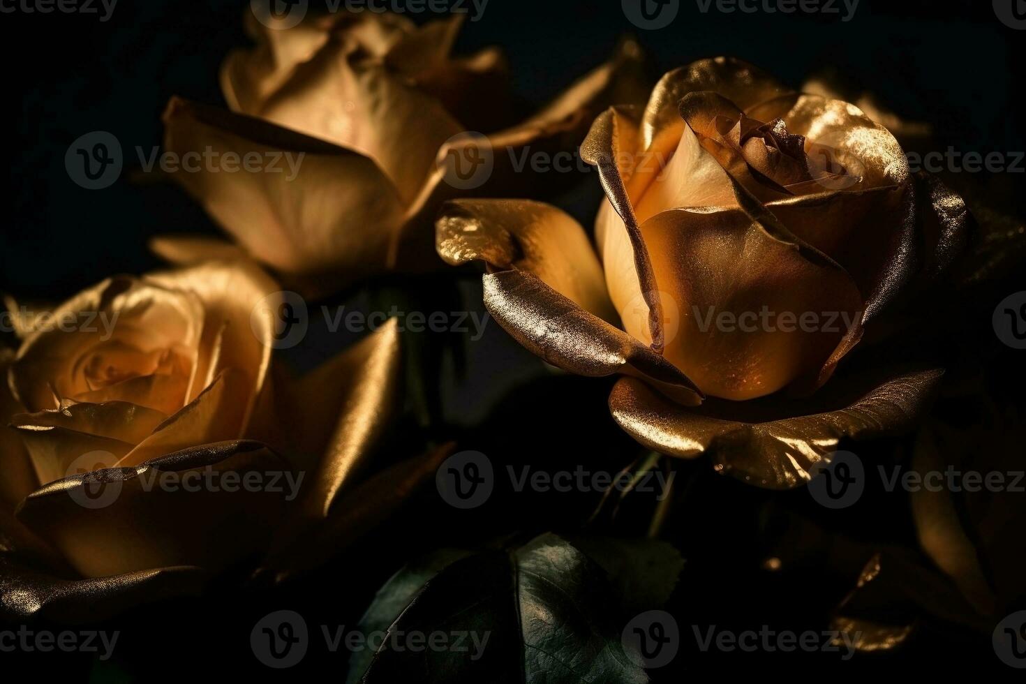 AI generated Golden roses dark moody romantic background. Close-up floral banner. Ai generated photo