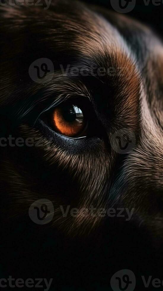 AI generated Closeup dog eye, portrait of animal on dark background. Ai generated photo