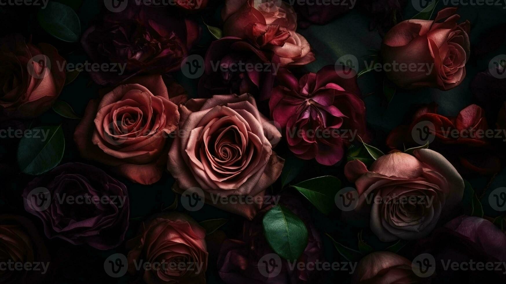 AI generated Red and pink roses close-up dark romantic background. Ai generated photo