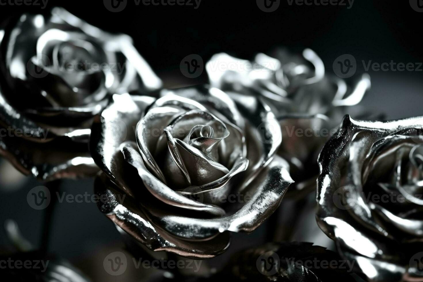 AI generated Silver roses dark moody romantic background. Close-up flowers card backdrop. Ai generated photo