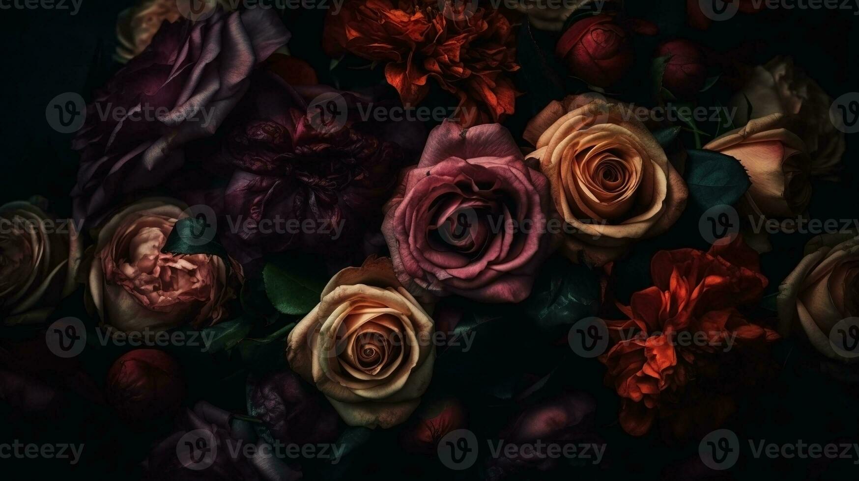 AI generated Red and pink roses dark moody romantic background. Close-up flowers card backdrop. Ai generated photo
