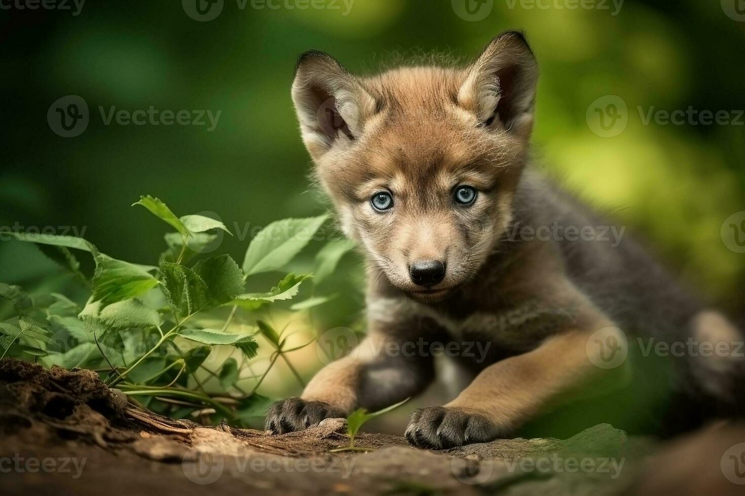 AI generated Wolf cub in nature on summer forest background. Closeup animal portrait. Ai generated photo
