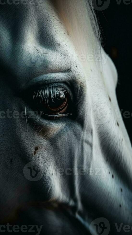 ai generado de cerca blanco caballo ojo, retrato de animal en oscuro antecedentes. ai generado foto