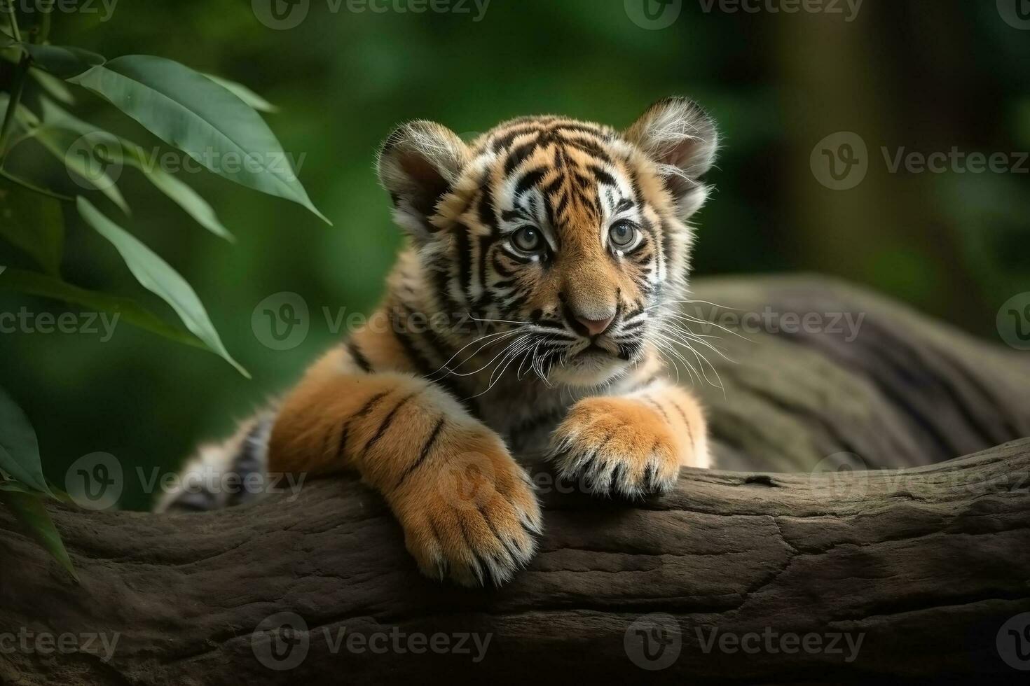 AI generated Tiger cub in nature on summer forest background. Closeup animal portrait. Ai generated photo