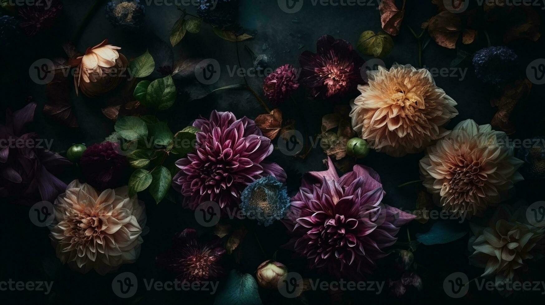 AI generated Flowers with drops of water moody romantic background. Close-up floral banner. Ai generated photo