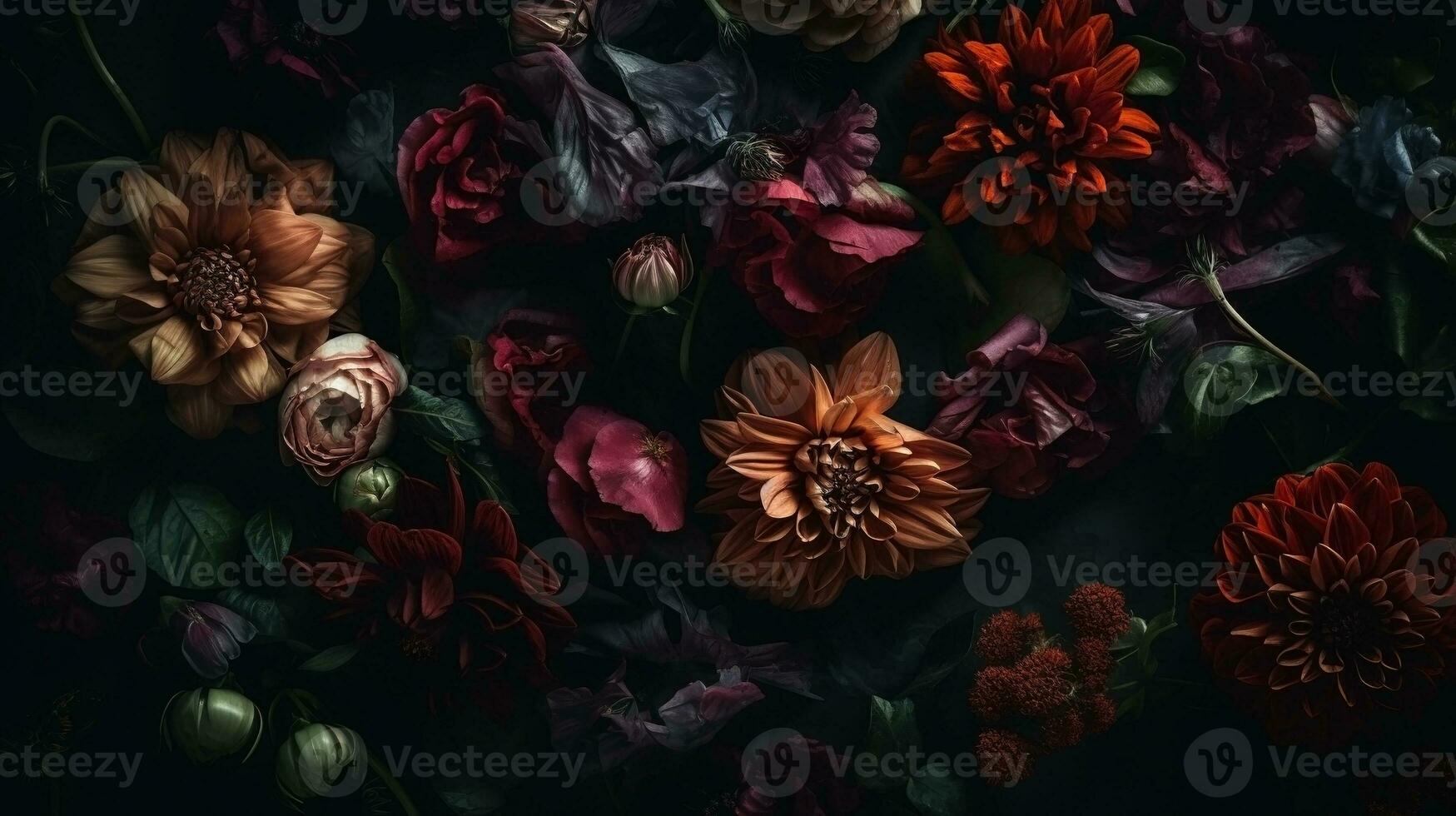 AI generated Flowers with drops of water moody romantic background. Close-up floral banner. Ai generated photo