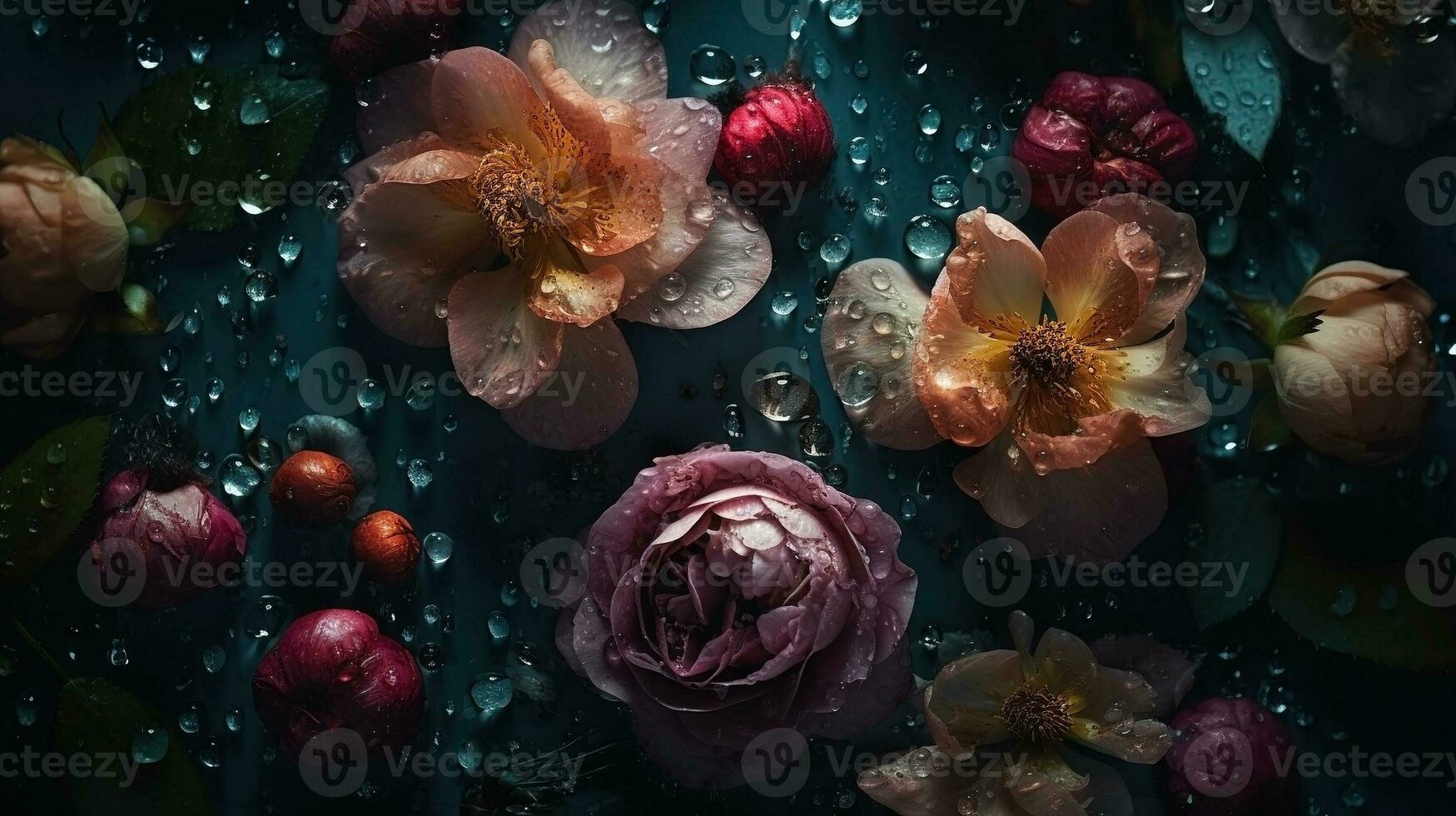 AI generated Flowers with drops of water close-up dark romantic background. Ai generated photo