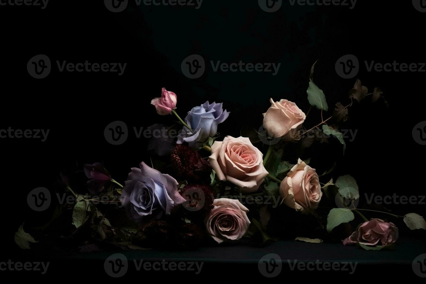 AI generated Roses dark moody romantic background. Close-up floral card backdrop. Ai generated photo