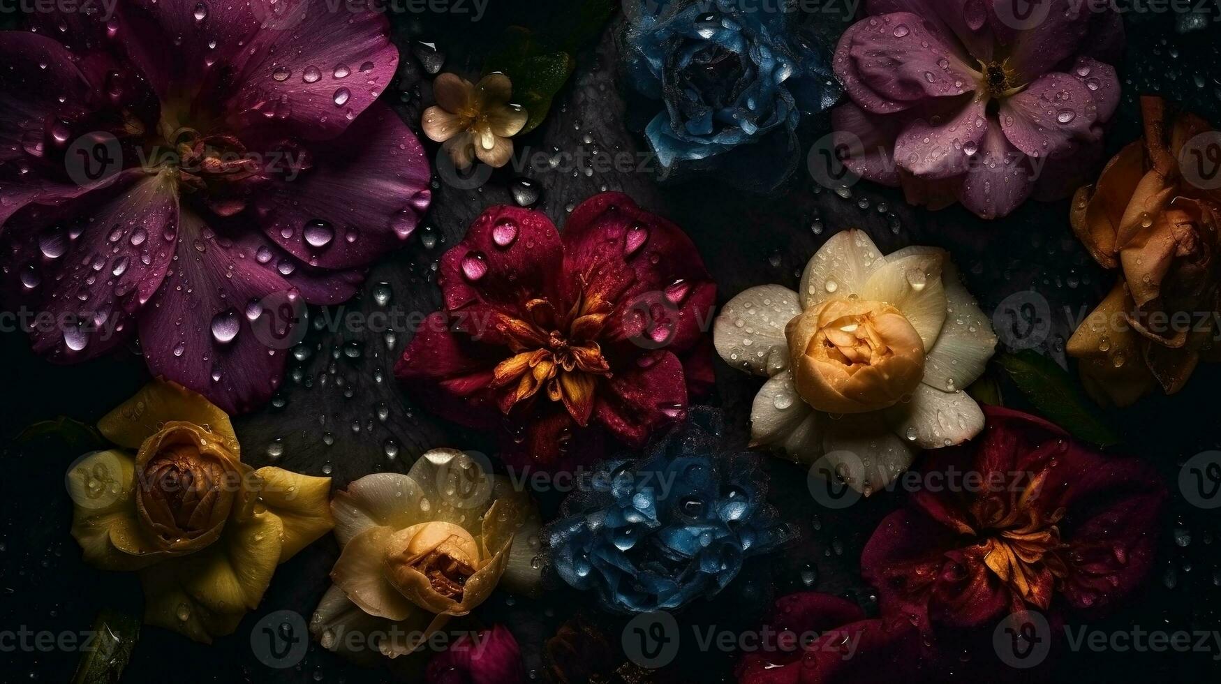 AI generated Beautiful flowers with drops of water dark moody romantic background. Ai generated photo