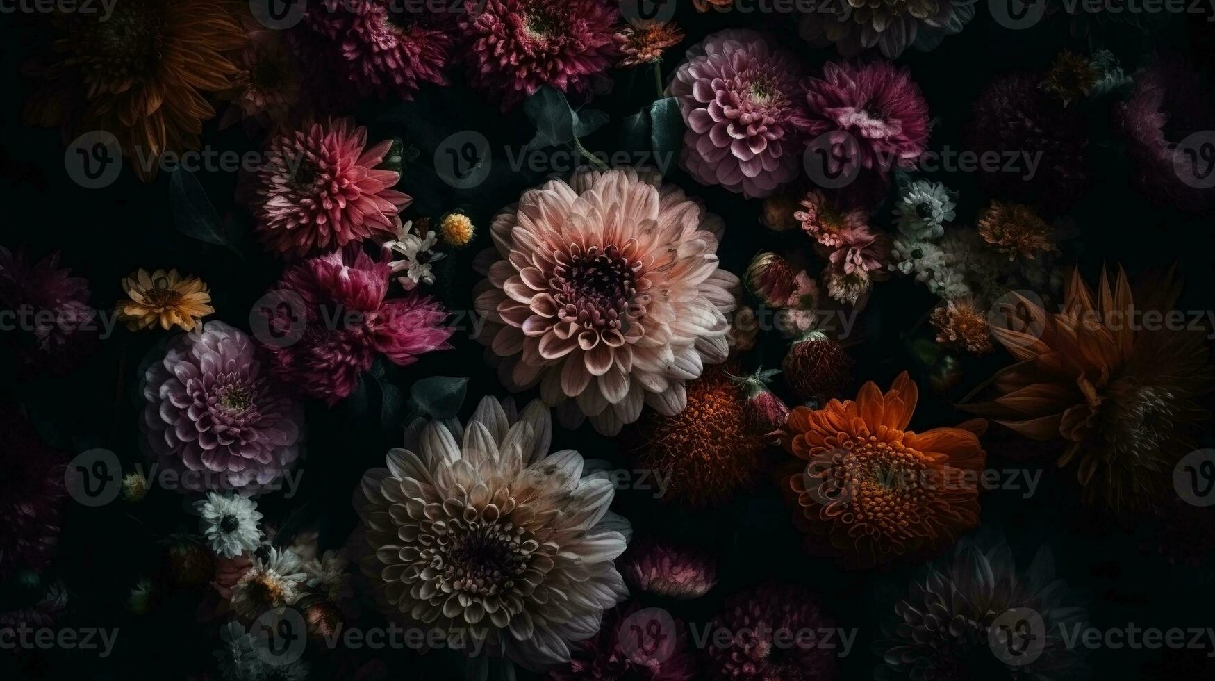 AI generated Flowers with drops of water dark moody romantic background. Close-up floral backdrop. Ai generated photo