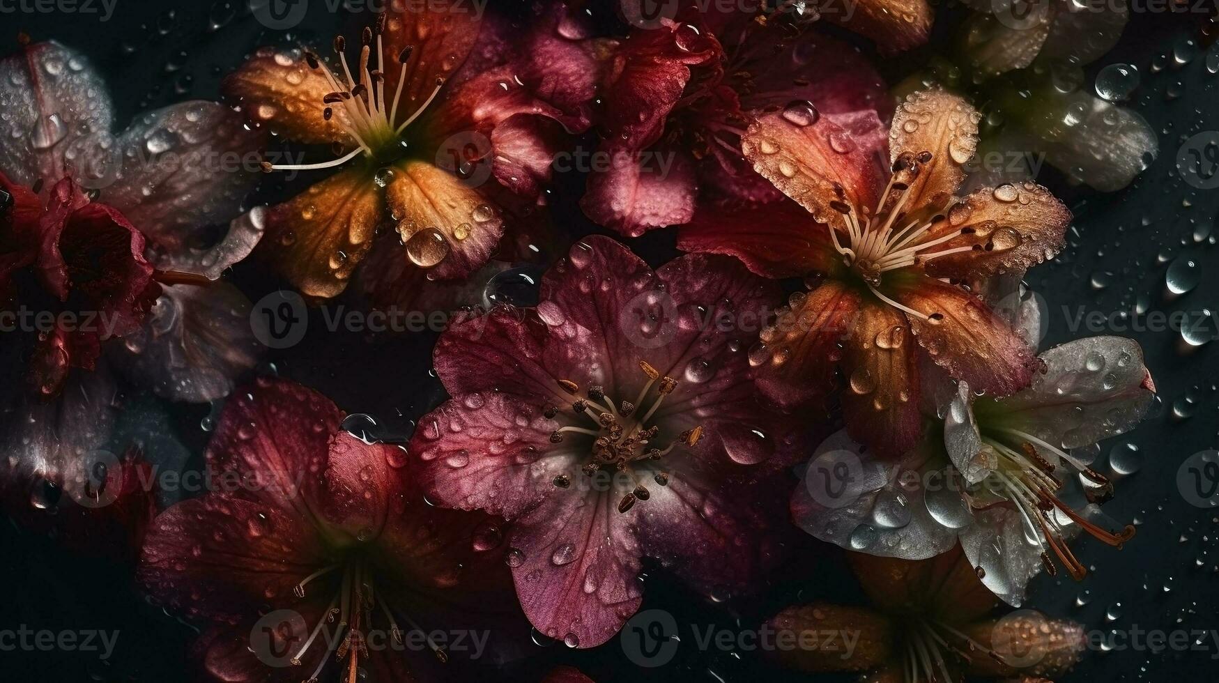 AI generated Flowers with drops of water close-up dark romantic background. Ai generated photo