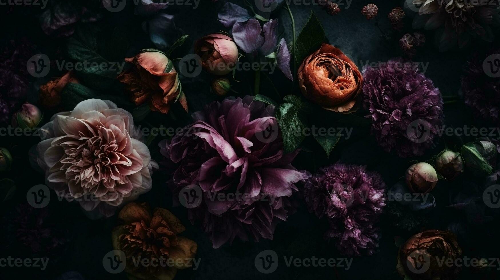 AI generated Flowers with drops of water dark moody romantic background. Close-up floral backdrop. Ai generated photo