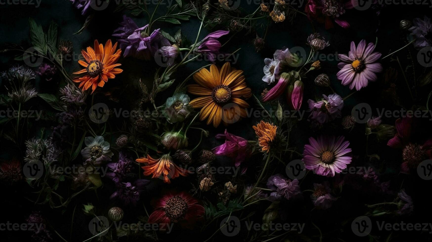 AI generated Wildflowers dark moody romantic background. Close-up floral banner. Ai generated photo