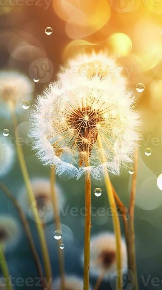 AI generated Close-up dandelion flowers with drops of water background. Floral wallpaper. Ai generated photo