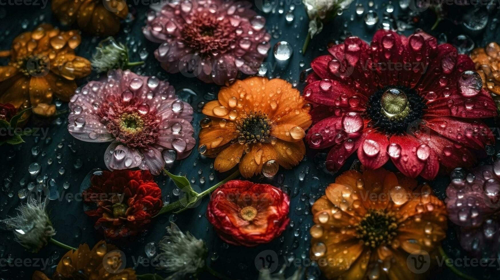 AI generated Flowers with drops of water dark moody romantic background. Close-up floral backdrop. Ai generated photo