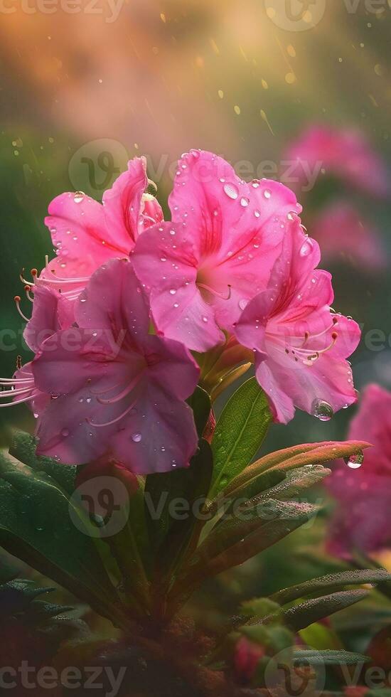 AI generated Blooming azalea flowers with drops of water close-up background. Summer wallpaper. Ai generated photo