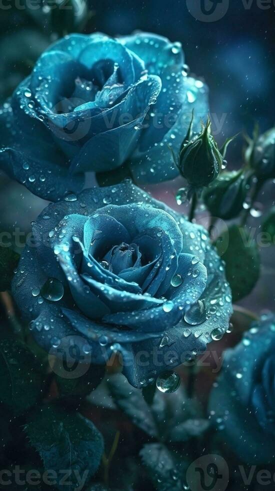 AI generated Blooming blue roses with drops of water close-up background. Ai generated photo