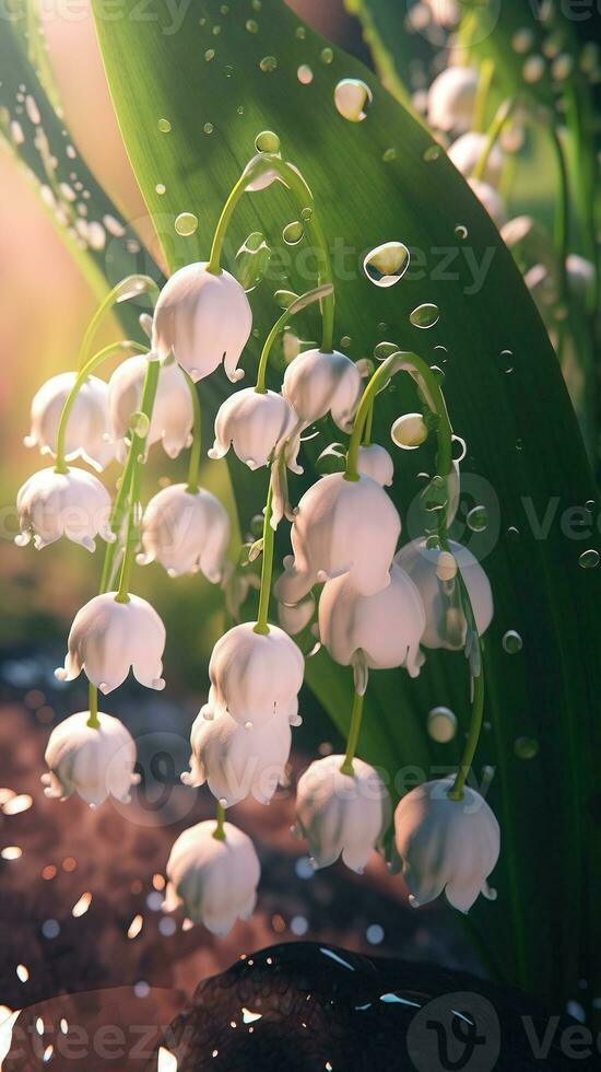 AI generated Close-up lily of the valley flowers with water droplets background. Summer wallpaper. Ai generated photo