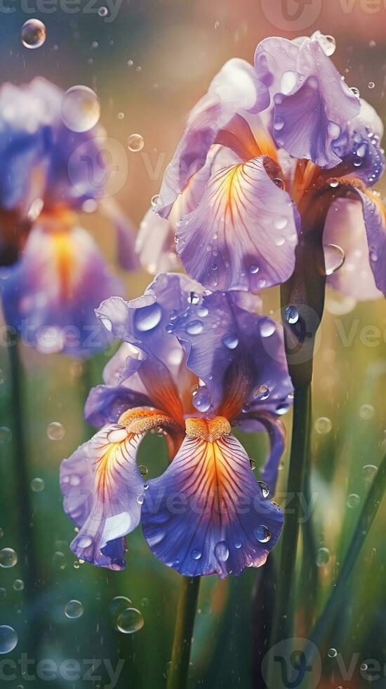 AI generated Blooming iris flowers with drops of water close-up background. Summer wallpaper. Ai generated photo