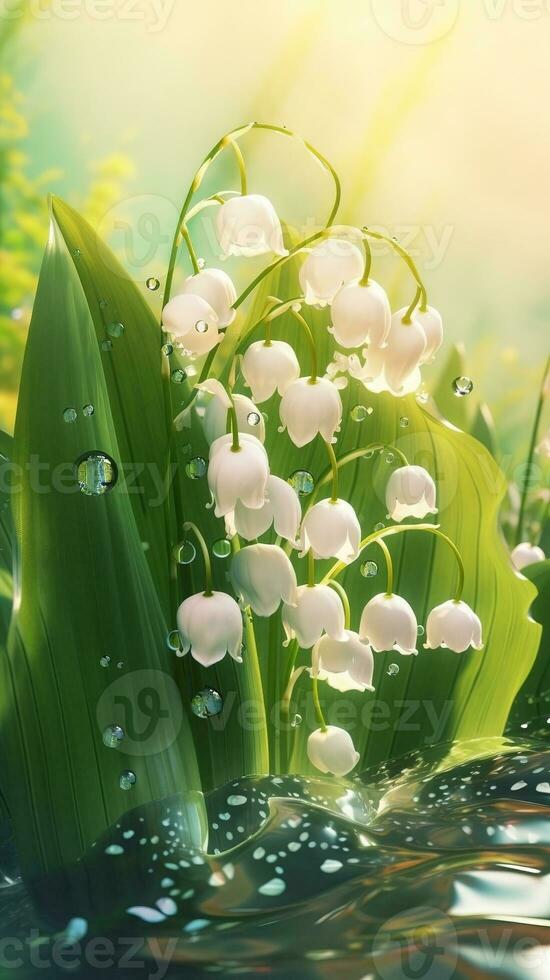 AI generated Close-up lily of the valley flowers with drops of water background. Floral wallpaper. Ai generated photo