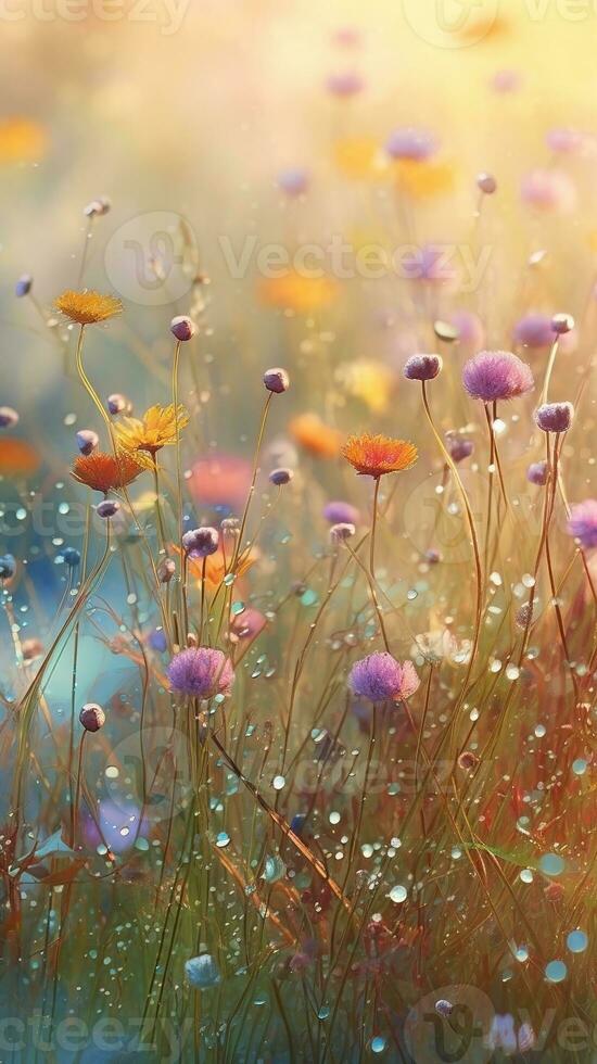 AI generated Close-up wildflowers with drops of water background. Ai generated photo