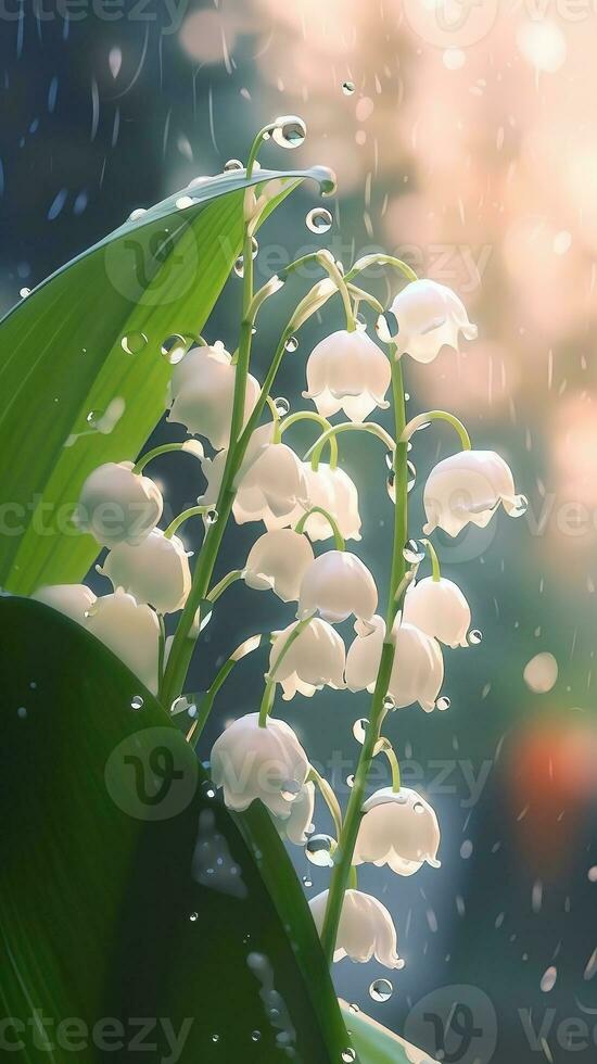 AI generated Close-up lily of the valley flowers with drops of water background. Ai generated photo