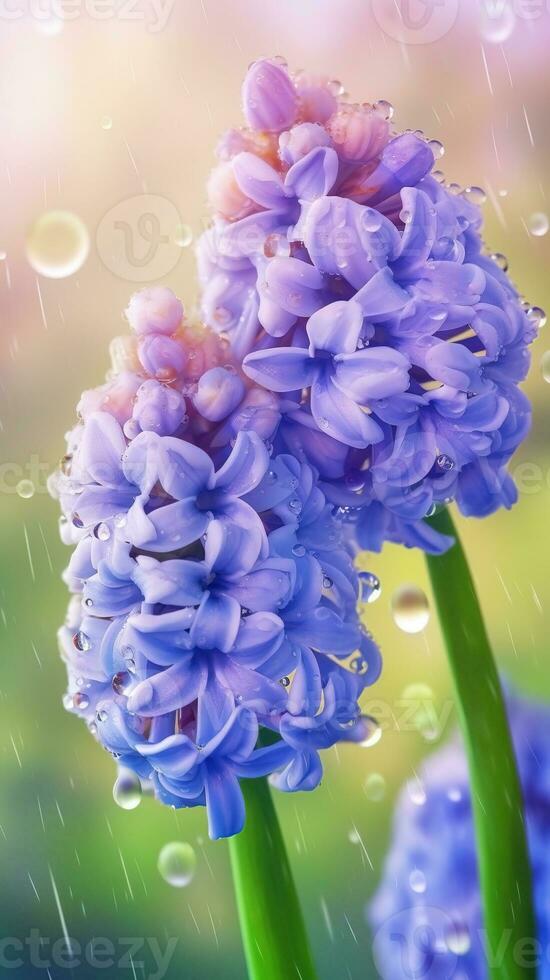 AI generated Blooming hyacinth flowers with drops of water close-up background. Spring wallpaper. Ai generated photo