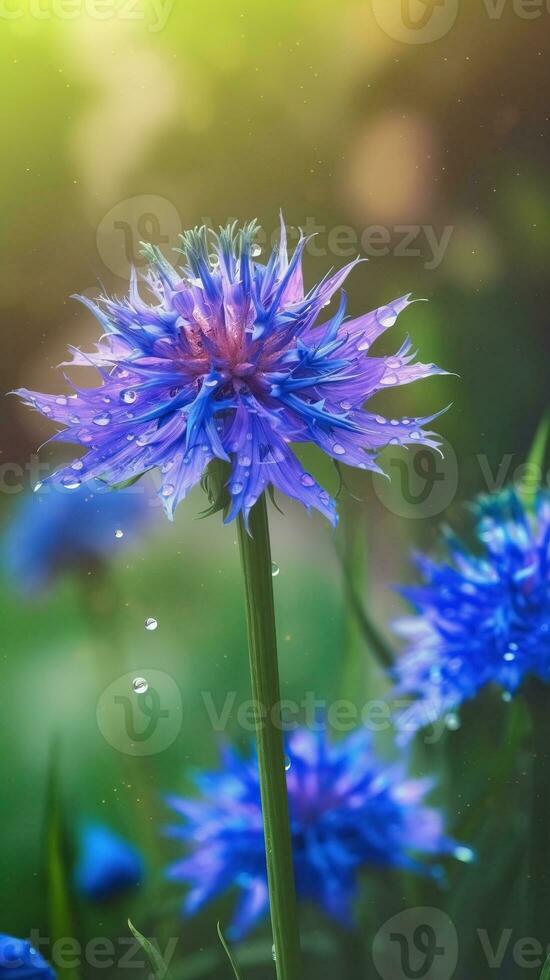 AI generated Blooming cornflower with drops of water close-up background. Ai generated photo