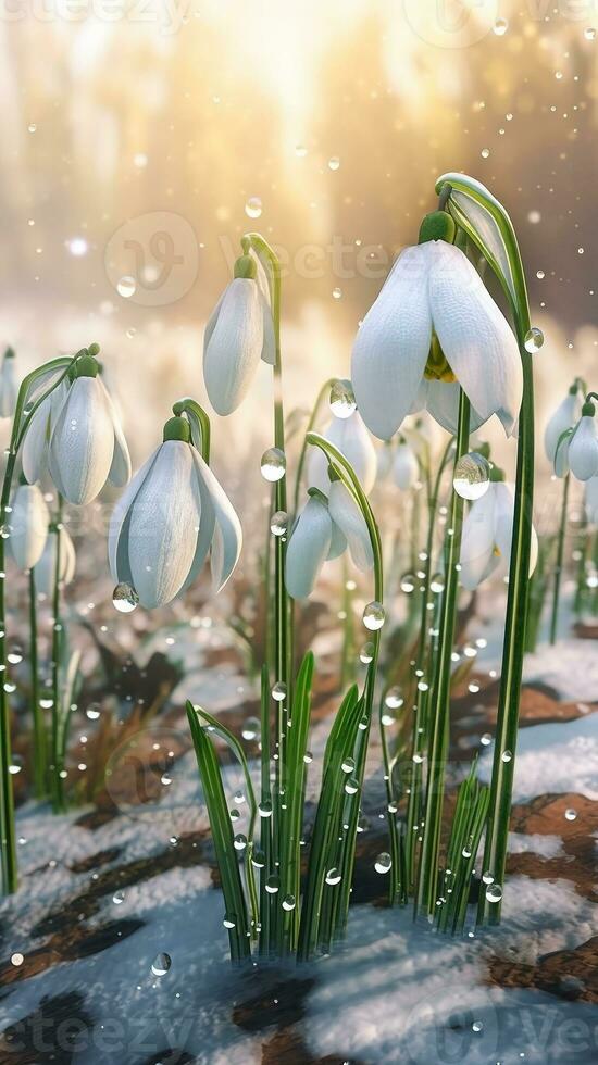 AI generated Blooming snowdrop flowers with drops of water close-up background. Summer wallpaper. Ai generated photo