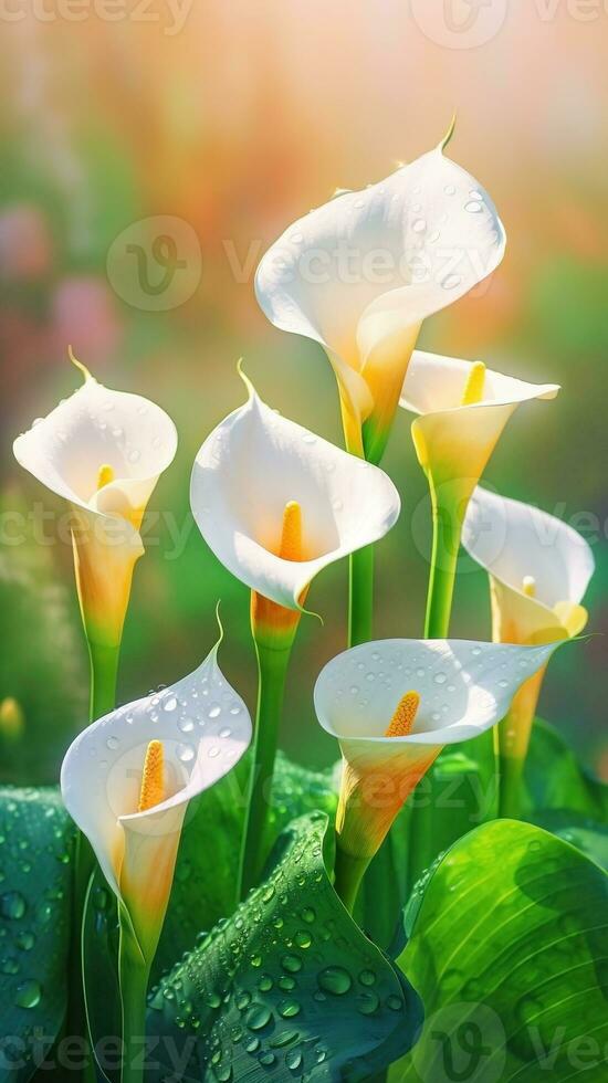AI generated Blooming calla flowers with drops of water close-up background. Spring wallpaper. Ai generated photo