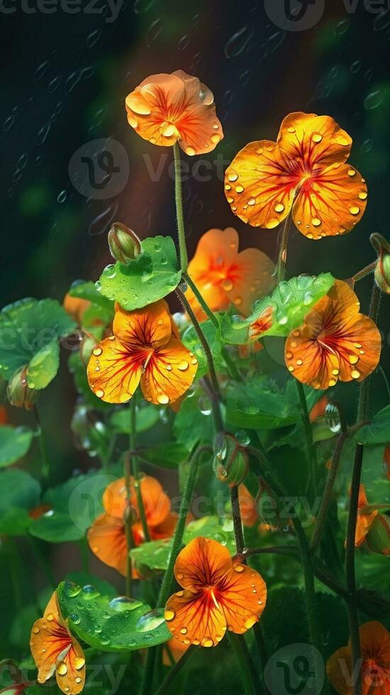 ai generado floreciente capuchina flores con gotas de agua de cerca antecedentes. floral fondo de pantalla. ai generado foto