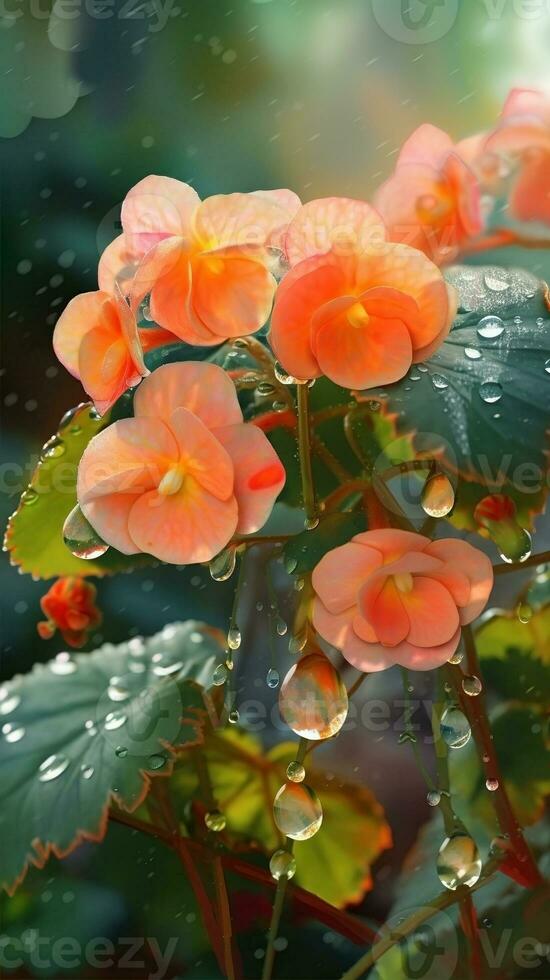 AI generated Blooming begonia flowers with drops of water close-up background. Spring wallpaper. Ai generated photo