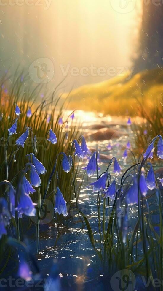 AI generated Blooming bluebell flowers with drops of water close-up background. Floral wallpaper. Ai generated photo