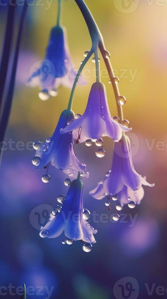 AI generated Blooming bluebell flowers with drops of water close-up background. Floral wallpaper. Ai generated photo