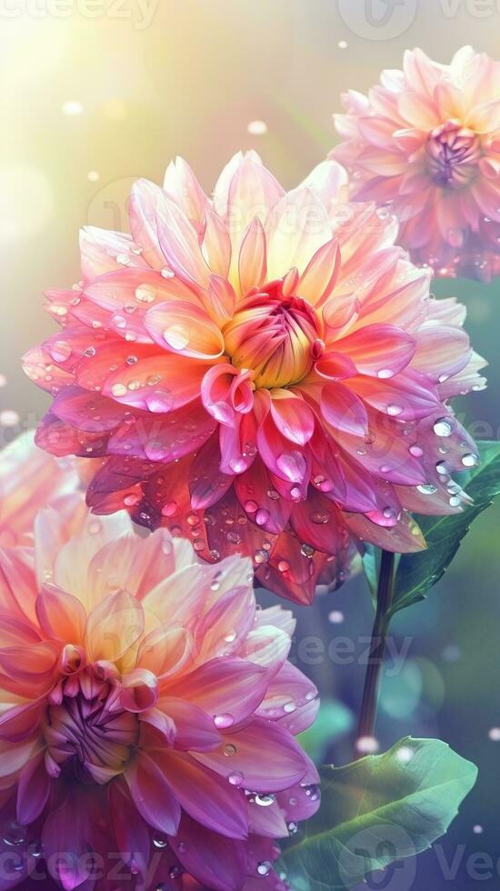 AI generated Blooming dahlia flowers with drops of water close-up background. Spring wallpaper. Ai generated photo