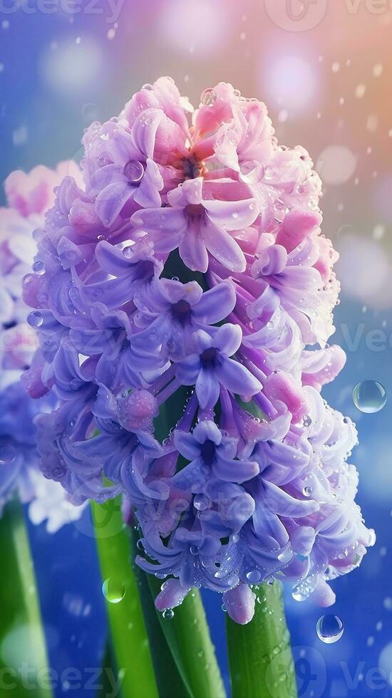 AI generated Close-up hyacinth flowers with water droplets background. Summer wallpaper. Ai generated photo