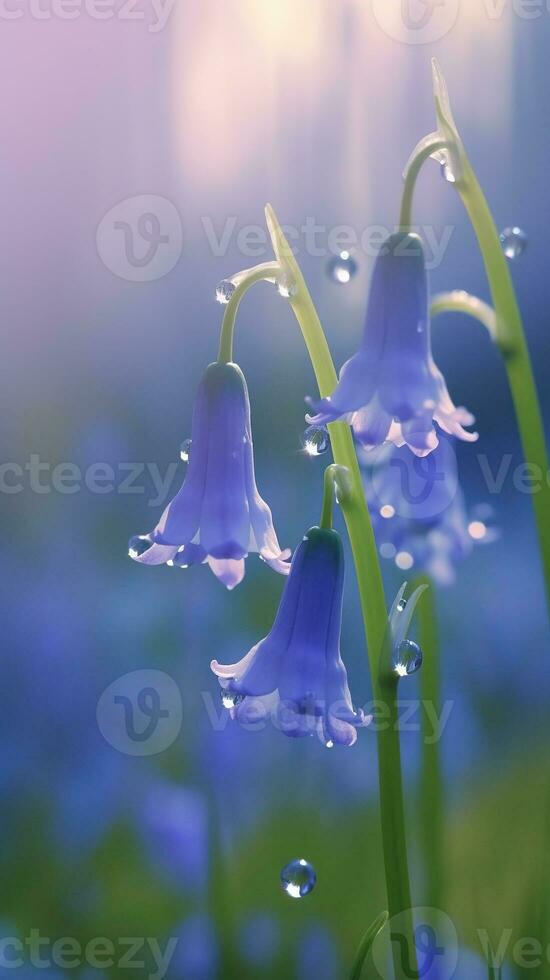 AI generated Blooming bluebell flowers with drops of water close-up background. Floral wallpaper. Ai generated photo