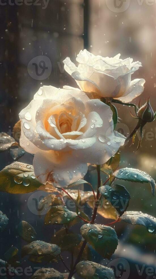 AI generated Close-up white roses with drops of water background. Floral wallpaper. Ai generated photo