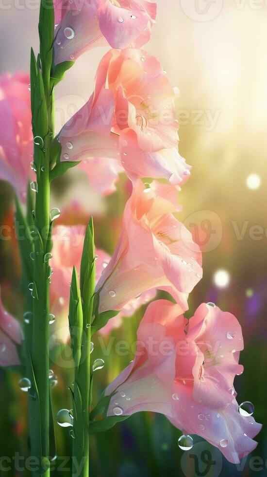 AI generated Close-up gladiolus flowers with drops of water background. Floral wallpaper. Ai generated photo