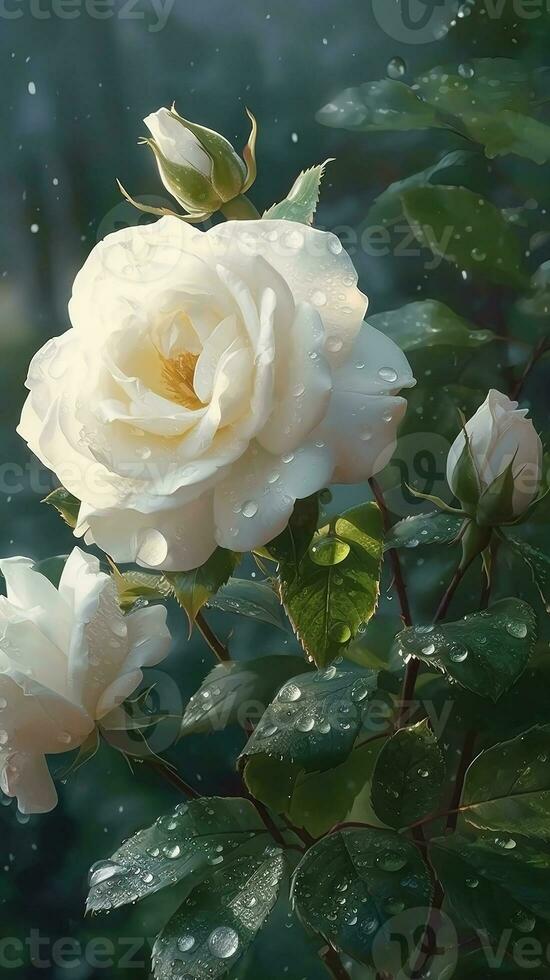 AI generated Blooming white roses with drops of water close-up background. Summer wallpaper. Ai generated photo