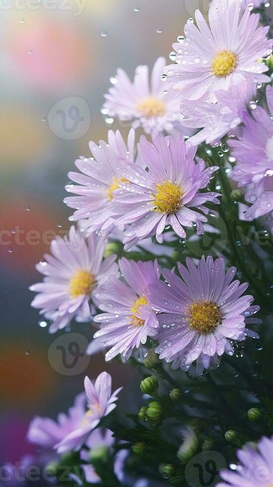 ai generado floreciente aster flores con gotas de agua de cerca antecedentes. floral fondo de pantalla. ai generado foto