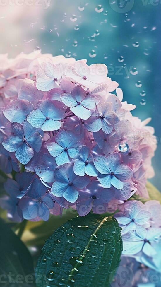 AI generated Close-up hydrangea flowers with drops of water background. Floral wallpaper. Ai generated photo