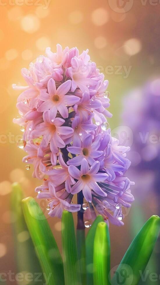 AI generated Blooming hyacinth flowers with drops of water close-up background. Summer wallpaper. Ai generated photo