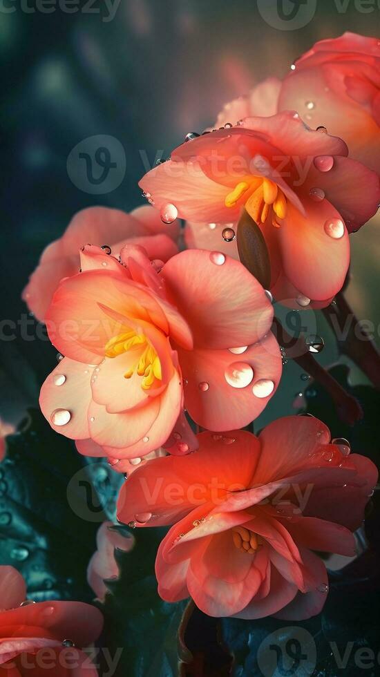 AI generated Blooming begonia flowers with drops of water close-up background. Spring wallpaper. Ai generated photo