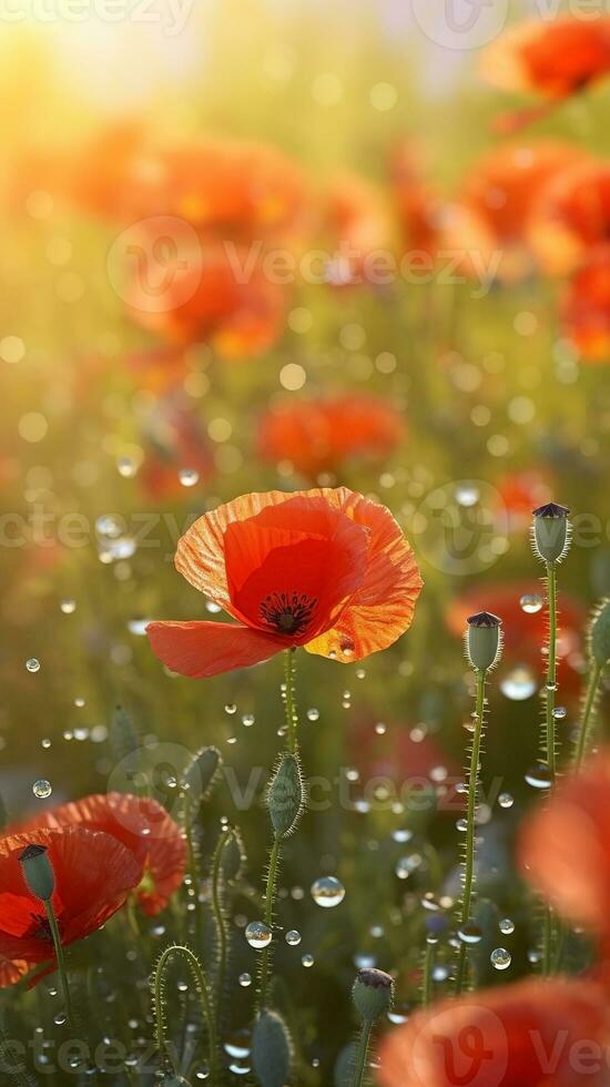 AI generated Close-up poppies flowers with drops of water background. Floral wallpaper. Ai generated photo