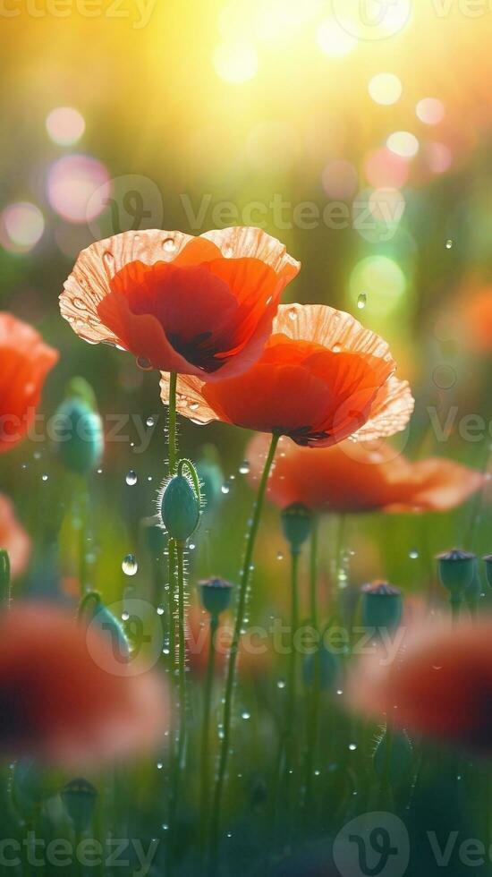 AI generated Close-up poppies flowers with water droplets background. Ai generated photo