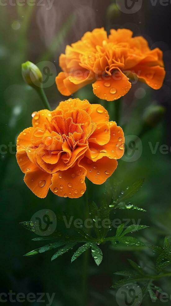AI generated Blooming marigold flowers with drops of water close-up background. Ai generated photo