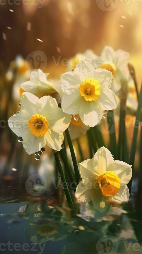 AI generated Blooming narcissus flowers with drops of water close-up background. Summer wallpaper. Ai generated photo