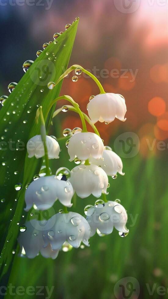 AI generated Blooming lily of the valley flowers with drops of water close-up background. Spring wallpaper. Ai generated photo