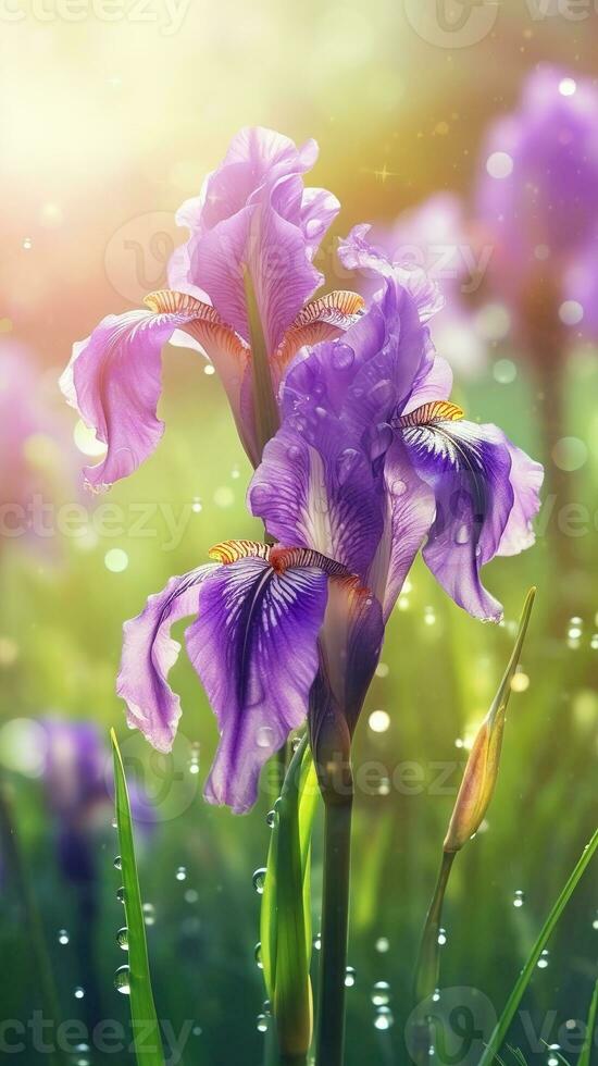 AI generated Blooming iris flowers with drops of water close-up background. Summer wallpaper. Ai generated photo